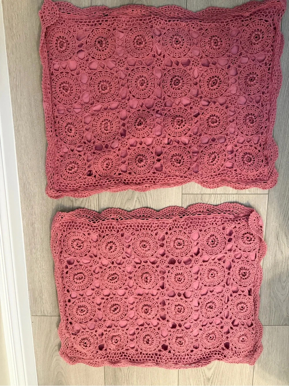 1970s Vintage Crocheted Rose Pink Decorative Standard Sham Pillow Cover